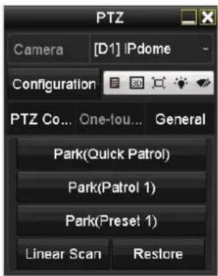 PTZ Camera [D1] IPdome Configuration PTZ Co... One-tou... General Park(Quick Patrol) Park(Patrol 1) Park(Preset 1) Linear Scan Restore
