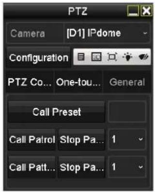 PTZ Camera [D1] IPdome Configuration PTZ Co... One-tou... General Call Preset Call Patrol Stop Pa... 1 Call Patt... Stop Pa... 1