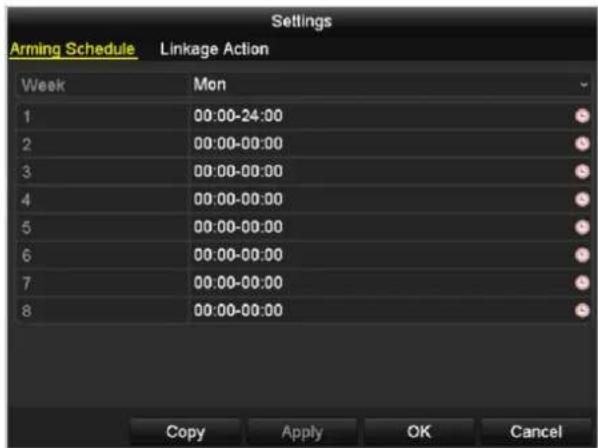Settings Arming Schedule Linkage Action Week Mon 1 00:00-24:00 2 00:00-00:00 3 00:00-00:00 4 00:00-00:00 5 00:00-00:00 6 00:00-00:00 7 00:00-00:00 8 00:00-00:00 Copy Apply OK Cancel