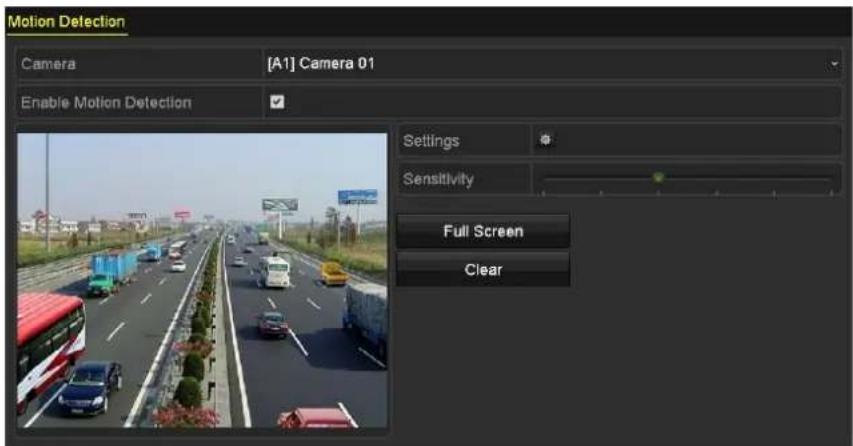 Motion Detection Camera [A1] Camera 01 Enable Motion Detection Settings Sensitivity Full Screen Clear