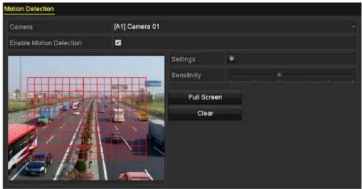Motion Detection Camera [A1] Camera 01 Enable Motion Detection Settings Sensitivity Full Screen Clear