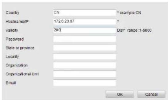 County CN Hostname/P 172.6.23.67 Validity 200 Day* range :1-5000 Password State or province Locality Organization Organizational Unit Email OK Cancel