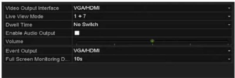 Video Output Interface VGA/HDMI Live View Mode 1 + 7 Dwell Time No Switch Enable Audio Output Volume Event Output VGA/HDMI Full Screen Monitoring D... 10s