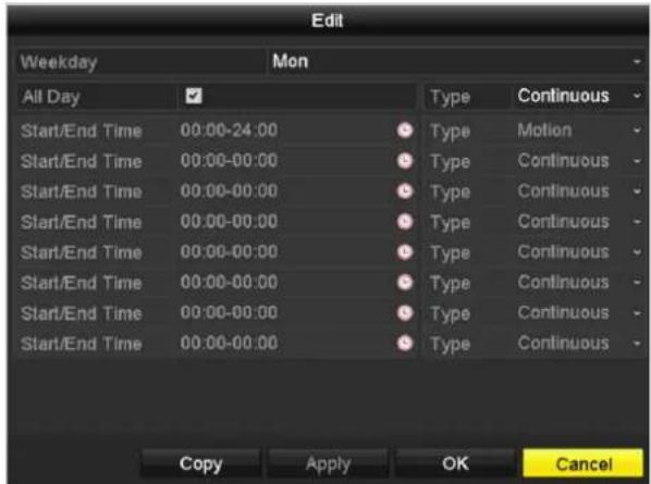 Edit Weekday Mon All Day ✓ Type Continuous Start/End Time 00:00-24:00 Start/End Time 00:00-00:00 Start/End Time 00:00-00:00 Start/End Time 00:00-00:00 Start/End Time 00:00-00:00 Start/End Time 00:00-00:00 Start/End Time 00:00-00:00 Copy Apply OK Cancel