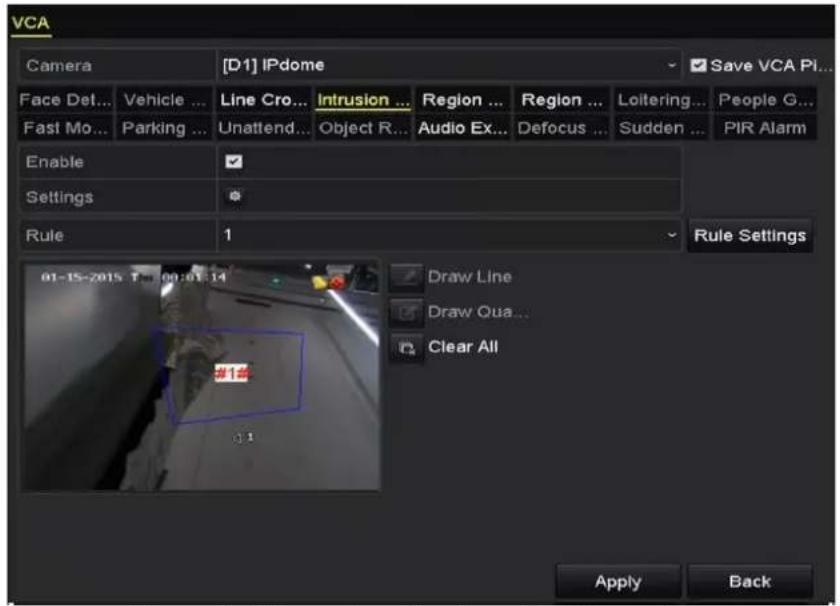 VCA Camera [D1] IPdome Save VCA Pi... Face Det... Vehicle ... Line Cro... Intrusion ... Region ... Region ... Loitering... People G... Fast Mo... Parking ... Unattend... Object R... Audio Ex... Defocus ... Sudden ... PIR Alarm Enable ✓ Settings * Rule 1 Rule Settings 01-15-2015 Tel: 00:01:14 Draw Line Draw Qua... Clear All Apply Back
