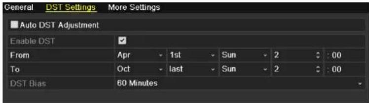 General DST Settings More Settings ■ Auto DST Adjustment Enable DST From Apr 1st Sun 2 :00 To Oct last Sun 2 :00 DST Bias 60 Minutes
