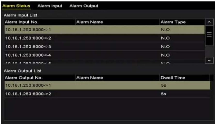 Alarm Status Alarm Input Alarm Output Alarm Input List Alarm Input No. Alarm Name Alarm Type 10.16.1.250:8000<-1 N.O 10.16.1.250:8000<-2 N.O 10.16.1.250:8000<-3 N.O 10.16.1.250:8000<-4 N.O 10.16.1.250:8000<-5 N.O Alarm Output List Alarm Output No. Alarm Name Dwell Time 10.16.1.250:8000->1 5s 10.16.1.250:8000->2 5s