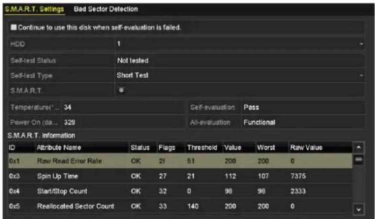 S.M.A.R.T. Settings Bad Sector Detection Continue to use this disk when self-evaluation is failed. HDD 1 Self-test Status Not tested Self-test Type Short Test S.M.A.R.T. Temperature(°) 34 Self-evaluation Poss Power On (da) 329 All-evaluation Functional S.M.A.R.T. Information ID Attribute Name Status Flags Threshold Value Worst Raw Value 0x1 Raw Read Error Rate OK 21 51 200 200 0 0x3 Spin Up Time OK 27 21 112 107 7375 0x4 Start/Stop Count OK 32 0 98 98 2333 0x5 Reallocated Sector Count OK 33 140 200 200 0