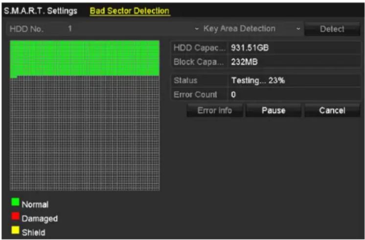 S.M.A.R.T. Settings Bad Sector Detection HDD No. 1 Key Area Detection Detect HDD Capac... 931.51GB Block Capa... 232MB Status Testing... 23% Error Count 0 Error info Pause Cancel Normal Damaged Shield