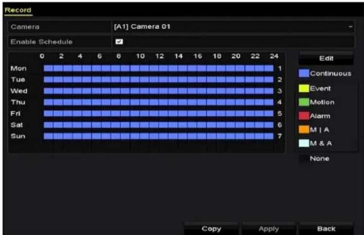 Record Camera [A1] Camera 01 Enable Schedule Mon Tue Wed Thu Fri Sat Sun 0 2 4 6 8 10 12 14 16 18 20 22 24 Edit Continuous Event Motion Alarm M | A M & A None Copy Apply Back
