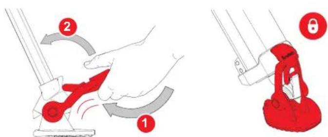 Diagram illustrating two-step instructions for using a tool, labeled 1 and 2, with red arrows indicating motion and a numbered step 6.