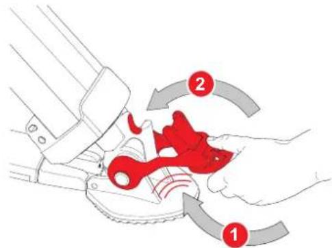 Diagram illustrating a mechanical device with labeled parts and directional arrows indicating motion or force directions.