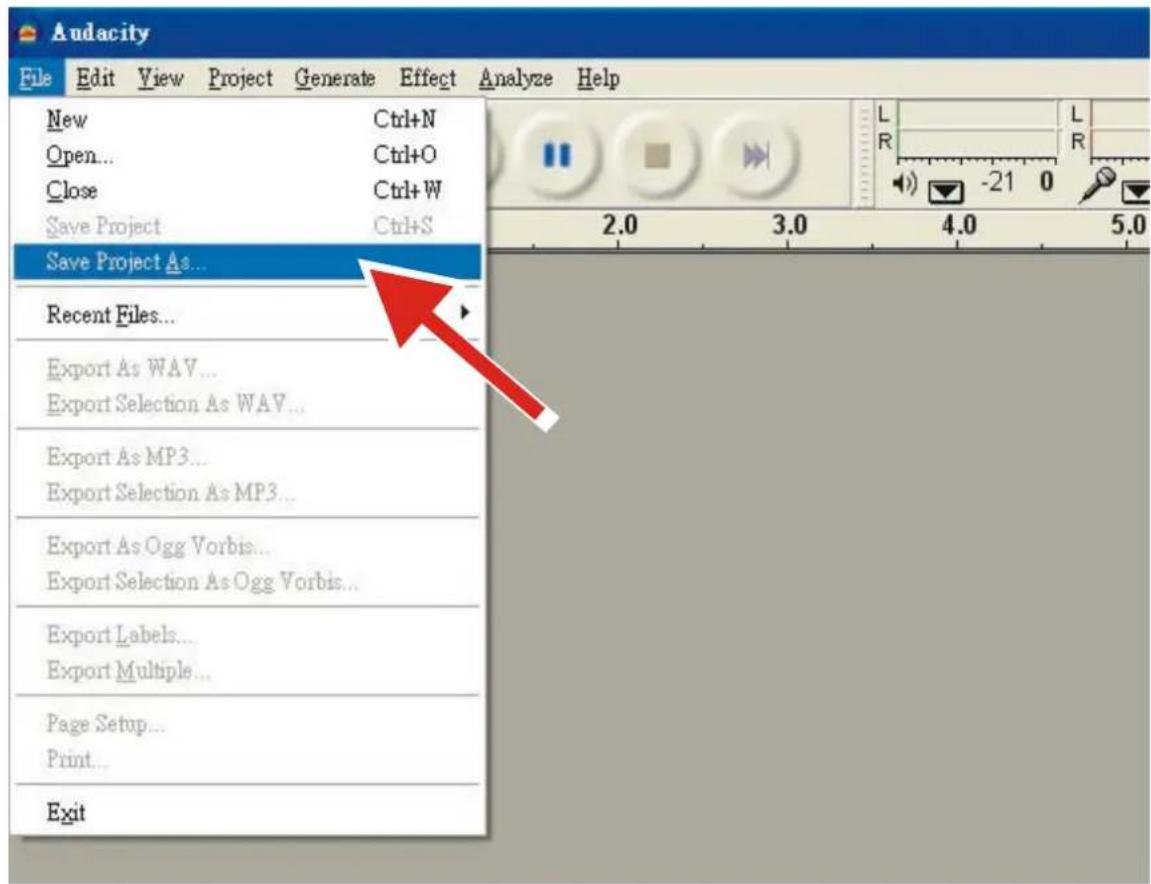 Audacity File Edit View Project Generate Effect Analyze Help New Ctrl+N Open... Ctrl+O Close Ctrl+W Save Project Ctrl+S Save Project As... Recent Files... Export As WAV... Export Selection As WAV... Export As MP3... Export Selection As MP3... Export As Ogg Vorbis... Export Selection As Ogg Vorbis... Export Labels... Export Multiple... Page Setup... Print... Exit