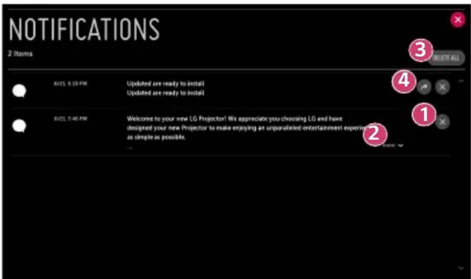 NOTIFICATIONS 2 Items 8/21, 8:09 PM Updated are ready to install Updated are ready to install 8/21, 7:40 PM Welcome to your new LG Projector! We appreciate you choosing LG and have designed your new Projector to make enjoying an unparalleled entertainment experience as simple as possible. 3 4 1 2