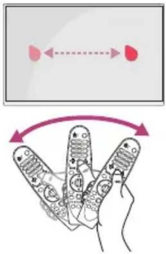 Diagram illustrating hand movement of a device with labeled buttons and directional arrows, showing motion sequence.