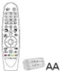 Line drawing of a remote control with labeled buttons and a small device labeled AA
