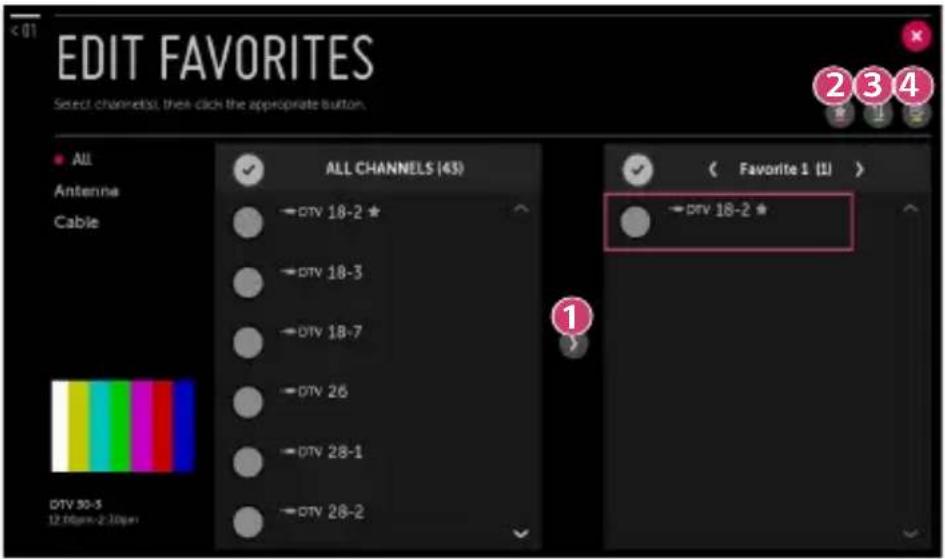 EDIT FAVORITES Select channels, then click the appropriate button. ALL Antenna Cable ALL CHANNELS (43) DTV 18-2 * DTV 18-3 DTV 18-7 DTV 26 DTV 28-1 DTV 28-2 DTV 50-5 12.00pm:2.10pm Favorite 1 (1) DTV 18-2 *