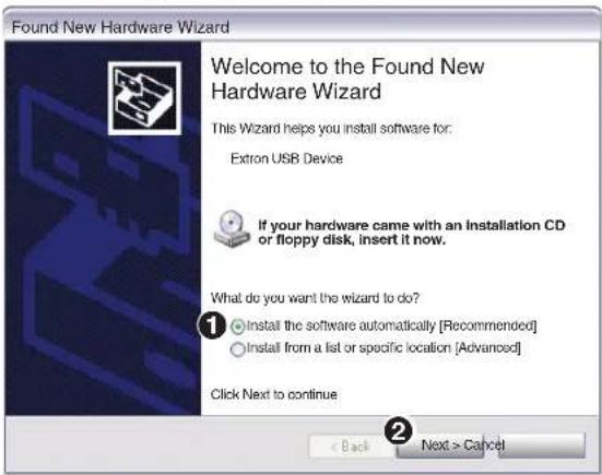 Found New Hardware Wizard Welcome to the Found New Hardware Wizard This Wizard helps you install software for: Extron USB Device If your hardware came with an Installation CD or floppy disk, insert it now. What do you want the wizard to do? Install the software automatically [Recommended] Install from a list or specific location [Advanced] Click Next to continue Back Next > Cancel