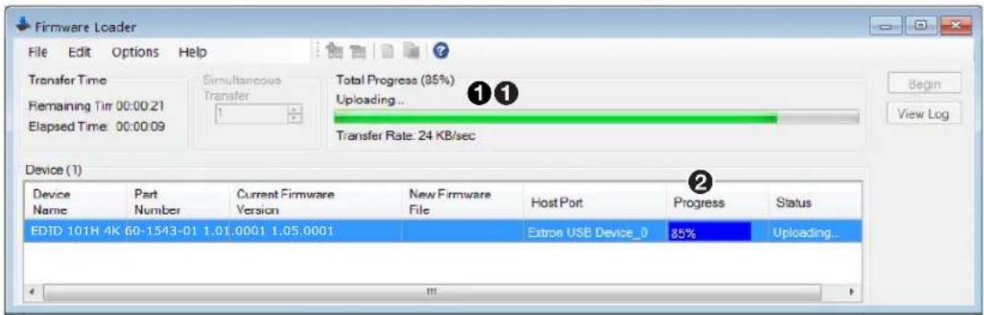 Firmware Loader File Edit Options Help Transfer Time Remaining Tim 00:00:21 Elapsed Time 00:00:09 Simultaneous Transfer Total Progress (35%) Uploading... Transfer Rate: 24 KB/sec Device (1) Device Part Current Firmware New Firmware Host Port Progress Status Name Number Version File Extra USB Device_0 85% Uploading... EDID 101H 4K 60-1543-01 1.01.0001 1.05.0001