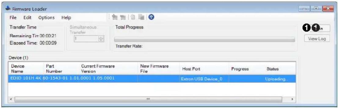 Firmware Loader File Edit Options Help Transfer Time Remaining Tir: 00:00:21 Elapsed Time: 00:00:09 Simultaneous Transfer Total Progress Transfer Rate: Device (1) Device Part Current Firmware New Firmware Host Port Progress Status Name Number Version File EDID 101H 4K 60-1543-01 1.01.0001 1.05.0001 Extron USB Device_0 Uploading.