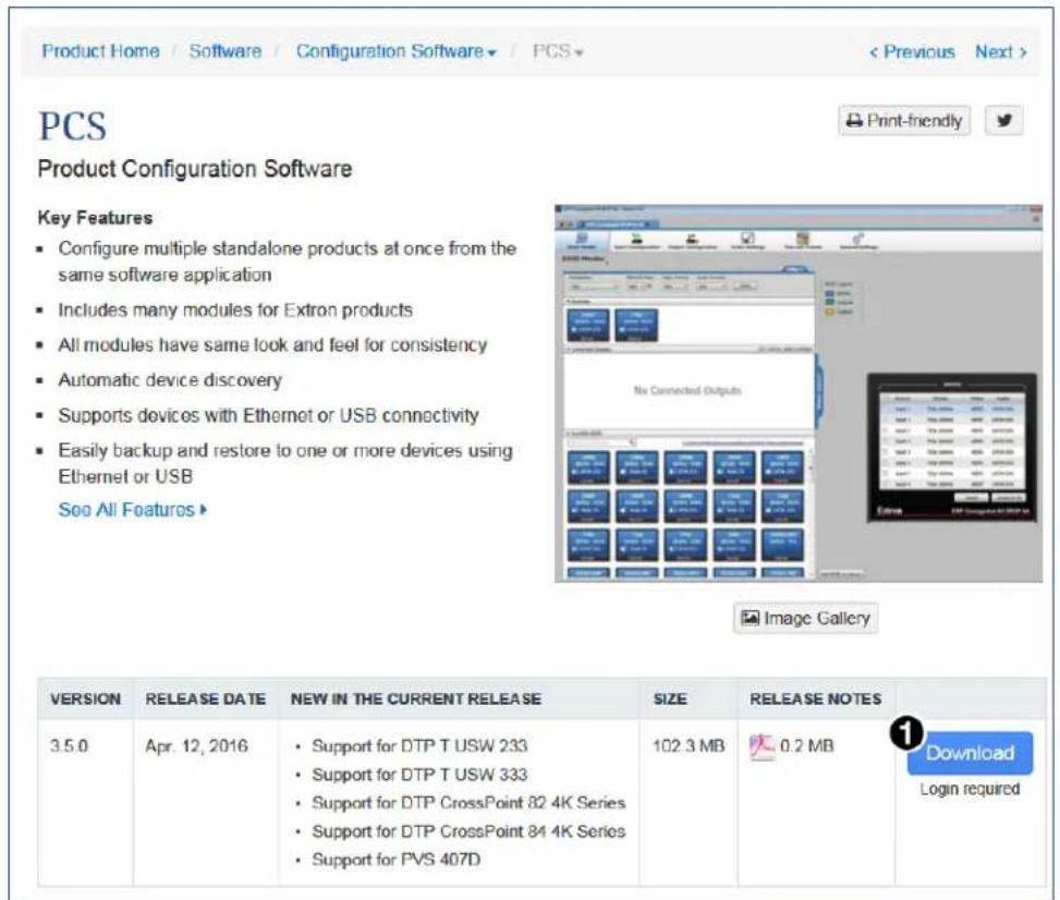 Product Home / Software / Configuration Software / PCS < Previous Next > PCS Product Configuration Software Key Features • Configure multiple standalone products at once from the same software application • Includes many modules for Extron products • All modules have same look and feel for consistency • Automatic device discovery • Supports devices with Ethernet or USB connectivity • Easily backup and restore to one or more devices using Ethernet or USB See All Features ▶ Image Gallery VERSION RELEASE DATE NEW IN THE CURRENT RELEASE SIZE RELEASE NOTES 3.5.0 Apr. 12, 2016 Support for DTP T USW 233 Support for DTP T USW 333 Support for DTP CrossPoint 82 4K Series Support for DTP CrossPoint 84 4K Series Support for PVS 407D 102.3 MB 0.2 MB Download Login required