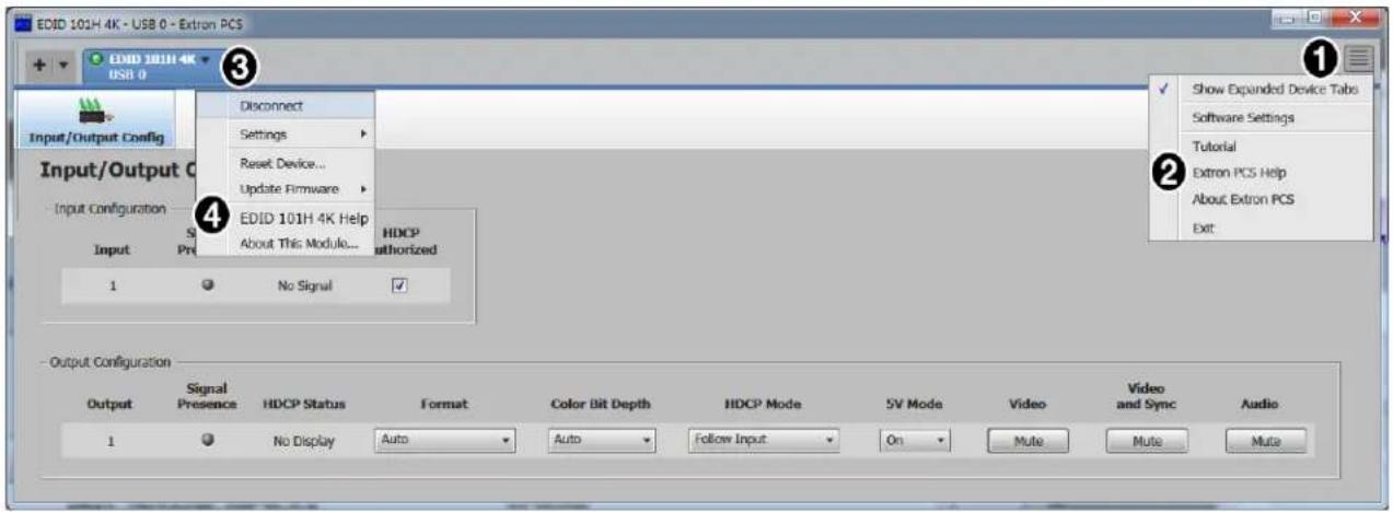 EDID 101H 4K - USB 0 - Extron PCS + + + + EMD 101H 4K USB 0 Input/Output Config Input/Output C Input Configuration Input S Pre Disconnect Settings Reset Device... Update Firmware EDID 101H 4K Help About This Module... HDCP authorized 1 No Signal Output Configuration Output Signal Presence HDCP Status Format Color Bit Depth HDCP Mode SV Mode Video Video and Sync Audio 1 No Display Auto Auto Follow Input On Mute Mute Mute