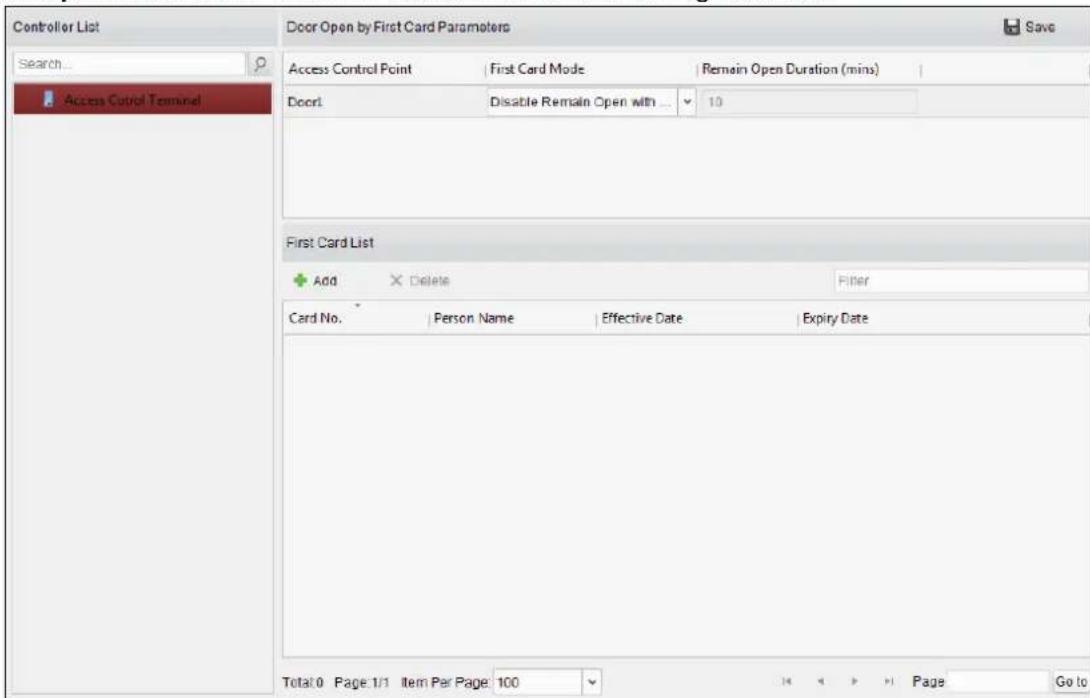 Controller List Search... Access Control Terminal Door Open by First Card Parameters Access Control Point First Card Mode Remain Open Duration (mins) Docrl Disable Remain Open with 10 First Card List Add Delete Filter Card No. Person Name Effective Date Expiry Date Total: 0 Page: 1/1 Item Par Page: 100 Page Go to