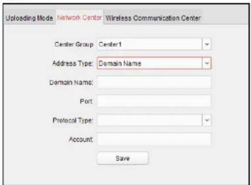 Uploading Mode Network Center Wireless Communication Center Center Group Center1 Address Type: Domain Name Domain Name: Port: Protocol Type: Account: Save