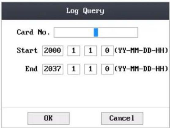 Log Query Card No. Start 2000 1 1 0 (YY-MM-DD-HH) End 2037 1 1 0 (YY-MM-DD-HH) OK Cancel