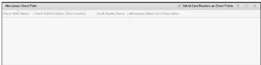 Attendance Check Point Check Point Name | Check Point Function | Door Location | Card Reader Name | Attendance Check Point Description Set All Card Readers as Check Points