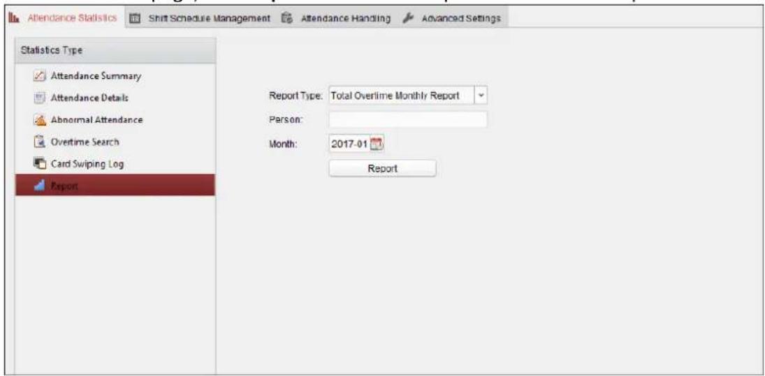 Attendance Statistics Shift Schedule Management Attendance Handling Advanced Settings Statistics Type Attendance Summary Attendance Details Abnormal Attendance Overtime Search Card Swiping Log Report Report Type: Total Overline Monthly Report Person: Month: 2017-01 Report
