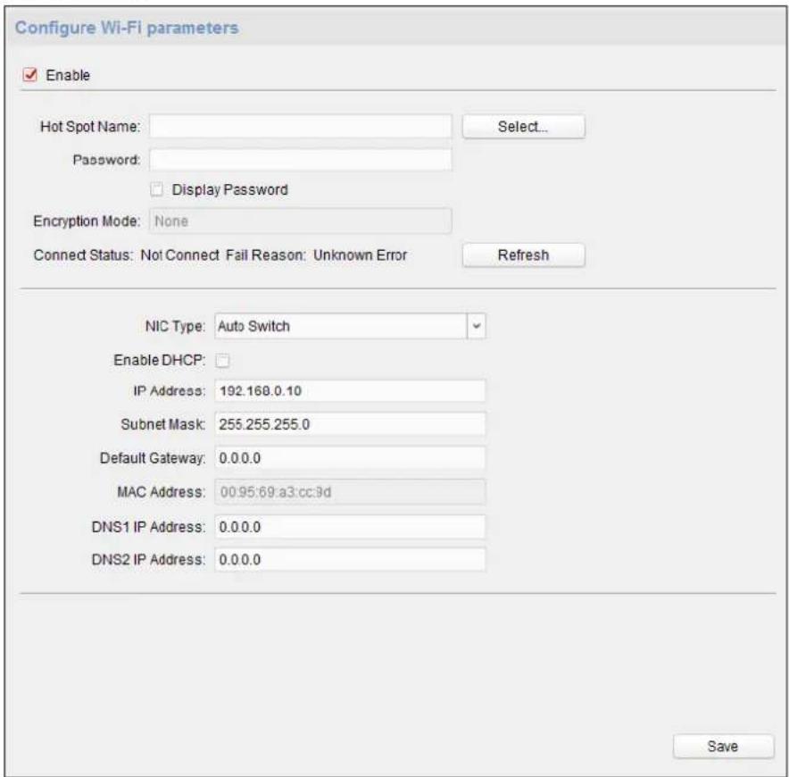 Configure Wi-Fi parameters ✓ Enable Hot Spot Name: Select... Password: □ Display Password Encryption Mode: None Connect Status: Not Connect Fail Reason: Unknown Error Refresh NIC Type: Auto Switch Enable DHCP: IP Address: 192.168.0.10 Subnet Mask: 255.255.255.0 Default Gateway: 0.0.0.0 MAC Address: 00:95:69:a3:cc:bd DNS1 IP Address: 0.0.0.0 DNS2 IP Address: 0.0.0.0 Save