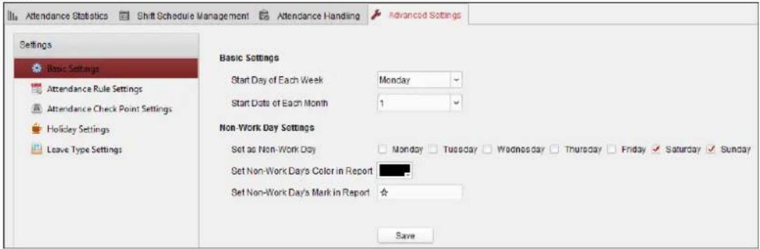 Attendance Statistics Shift Schedule Management Attendance Handling Advanced Settings Settings Basic Settings Attendance Rule Settings Attendance Check Point Settings Holiday Settings Leave Type Settings Basic Settings Start Day of Each Week Monday Start Date of Each Month 1 Non-Work Day Settings Set as Non-Work Day Monday Tuesday Wednesday Thursday Friday Saturday Sunday Set Non-Work Days Color in Report Set Non-Work Days Mark in Report Save