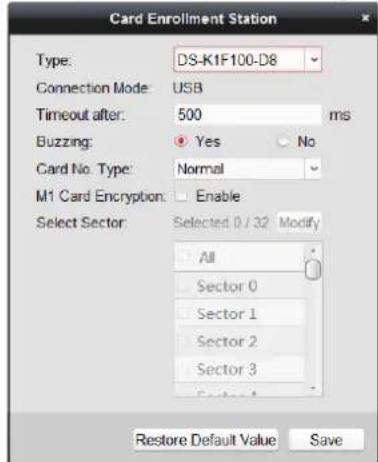 Card Enrollment Station Type: DS-K1F100-D8 Connection Mode: USB Timeout after: 500 ms Buzzing: Yes No Card No. Type: Normal M1 Card Encryption: Enable Select Sector: Selected 0 / 32 Modify All Sector 0 Sector 1 Sector 2 Sector 3 Restore Default Value Save