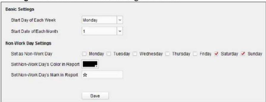 Basic Settings Start Day of Each Week Monday Start Date of Each Month 1 Non-Work Day Settings Set as Non-Work Day Monday Tuesday Wednesday Thursday Friday Saturday Sunday Set Non-Work Day's Color in Report Set Non-Work Day's Mark in Report Save
