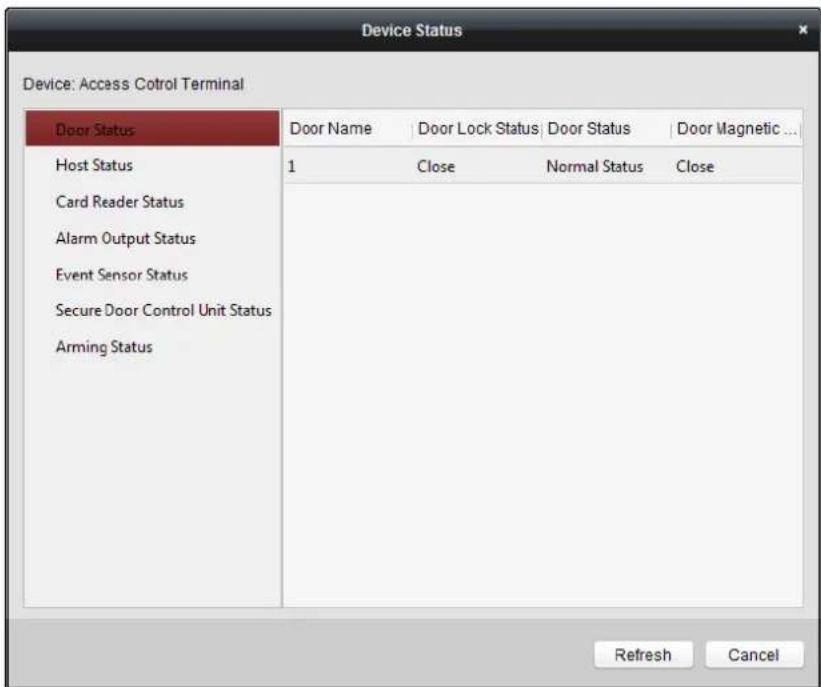 Device: Access Cotrol Terminal Door Status Host Status Card Reader Status Alarm Output Status Event Sensor Status Secure Door Control Unit Status Arming Status Door Name Door Lock Status Door Status Door Magnetic ... 1 Close Normal Status Close Refresh Cancel