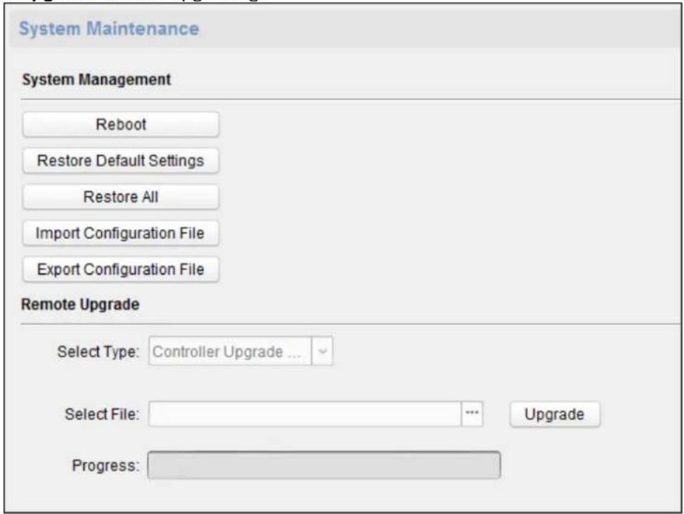 System Maintenance System Management Reboot Restore Default Settings Restore All Import Configuration File Export Configuration File Remote Upgrade Select Type: Controller Upgrade ... Select File: ... Upgrade Progress: