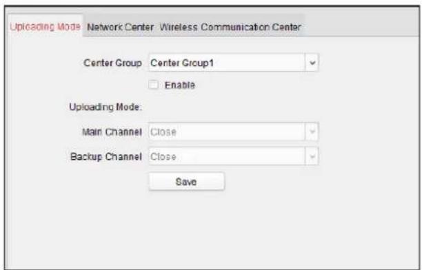 Uploading Mode Network Center Wireless Communication Center Center Group Center Group1 Enable Uploading Mode: Main Channel Close Backup Channel Close Save