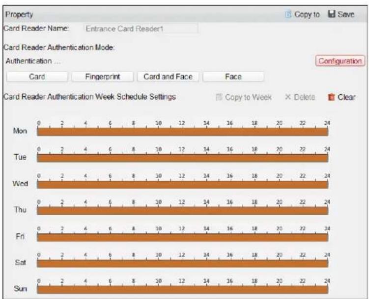 Property Card Reader Name: Entrance Card Reader1 Card Reader Authentication Mode: Authentication ... Card Fingerprint Card and Face Face Configuration Card Reader Authentication Week Schedule Settings Copy to Week Delete Clear Mon 0 2 4 6 8 10 12 14 16 18 20 22 24 Tue 0 2 4 6 8 10 12 14 16 18 20 22 24 Wed 0 2 4 6 8 10 12 14 16 18 20 22 24 Thu 0 2 4 6 8 10 12 14 16 18 20 22 24 Fri 0 2 4 6 8 10 12 14 16 18 20 22 24 Sat 0 2 4 6 8 10 12 14 16 18 20 22 24 Sun 0 2 4 6 8 10 12 14 16 18 20 22 24