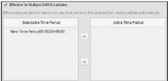 Effective for Multiple Shift Schedules If the employee doesn't check in to any time period in the selected list, he/she will be automatically Selectable Time Period New Time Period01 00:00-08:00 Active Time Period <<