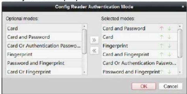 Config Reader Authentication Mode Optional modes: Card Card and Password Card Or Authentication Password... Fingerprint Password and Fingerprint Card Or Fingerprint Selected modes: Card and Password ↑ ↓ Card ↑ ↓ Fingerprint ↑ ↓ Card and Fingerprint ↑ ↓ Card Or Authentication Password... Password and Fingerprint ↑ ↓ OK Cancel