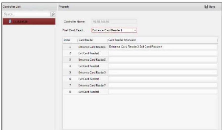 Controller List Search... 10.18.146.86 Property Controller Name: 10.18.146.86 First Card Read... Entrance Card Reader1 Index Card Reader Card Reader Afterward 1 Entrance Card Reader1 Entrance Card Reader3 Exit Card Reader4 2 Exit Card Reader2 3 Entrance Card Reader3 4 Exit Card Reader4 5 Entrance Card Reader5 6 Exit Card Reader6 7 Entrance Card Reader7 8 Exit Card Reader8