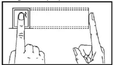 Diagram showing two hands pointing at a square button with a circular icon, likely illustrating a finger movement or navigation instruction.