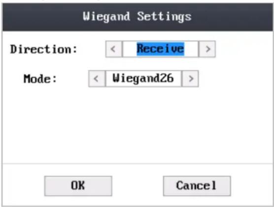 Wiegand Settings Direction: Mode: OK Cancel