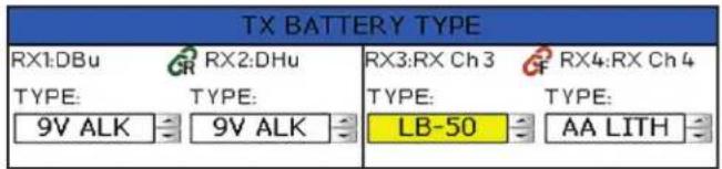 TX BATTERY TYPE RX1:DBu RX2:DHu RX3:RX Ch 3 RX4:RX Ch 4 TYPE: TYPE: TYPE: 9V ALK 9V ALK LB-50 AA LITH
