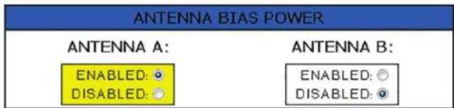 ANTENNA BIAS POWER ANTENNA A: ENABLED: ○ DISABLED: ○ ANTENNA B: ENABLED: ○ DISABLED: ○