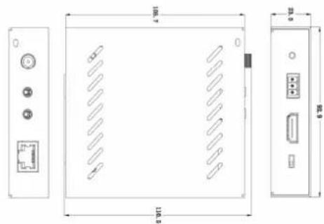 Technical diagram of a device front panel with labeled dimensions and component symbols