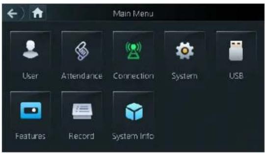 Main Menu User Attendance Connection System USB Features Record System Info