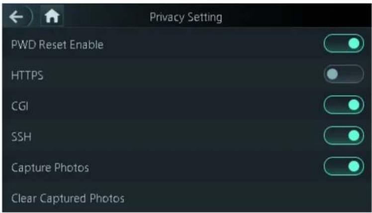 Privacy Setting PWD Reset Enable HTTPS CGI SSH Capture Photos Clear Captured Photos