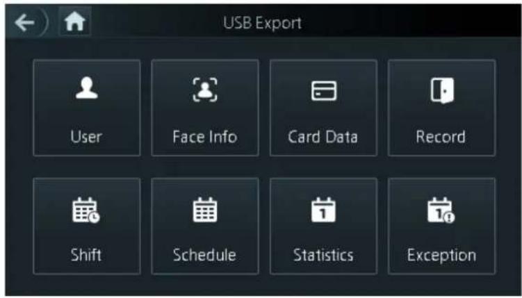 USB Export User Face Info Card Data Record Shift Schedule Statistics Exception